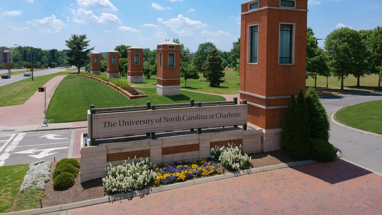 Aerial view of UNC Charlotte's main campus entrance.