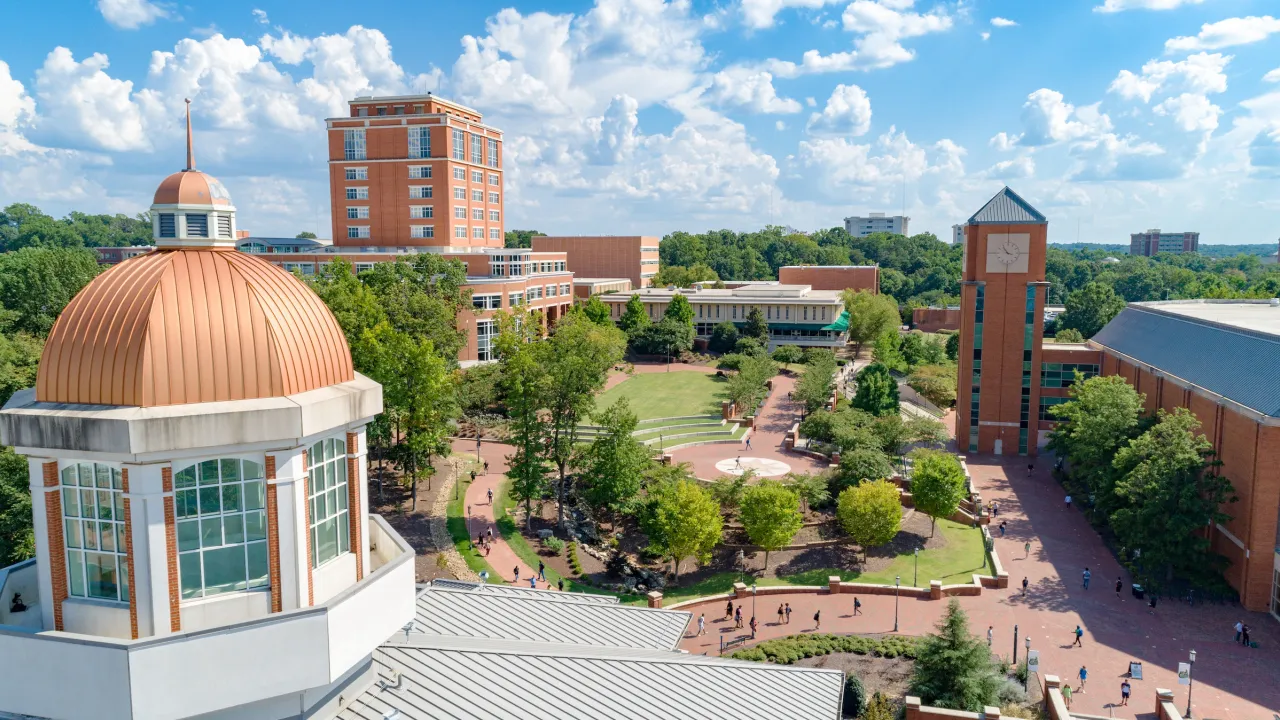 Aerial view of Atkins tower, SAC Clocktower, and CHHS Cupola