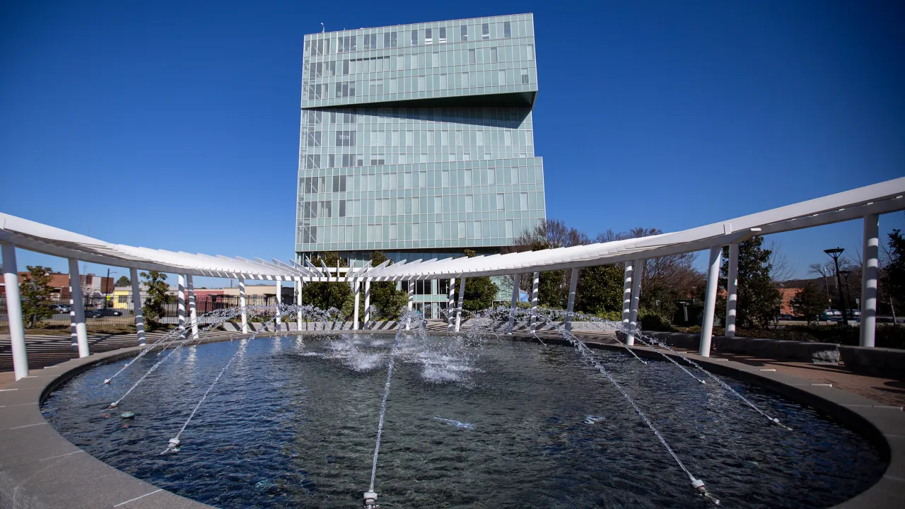Fountain with the Dubois Center exterior in the background