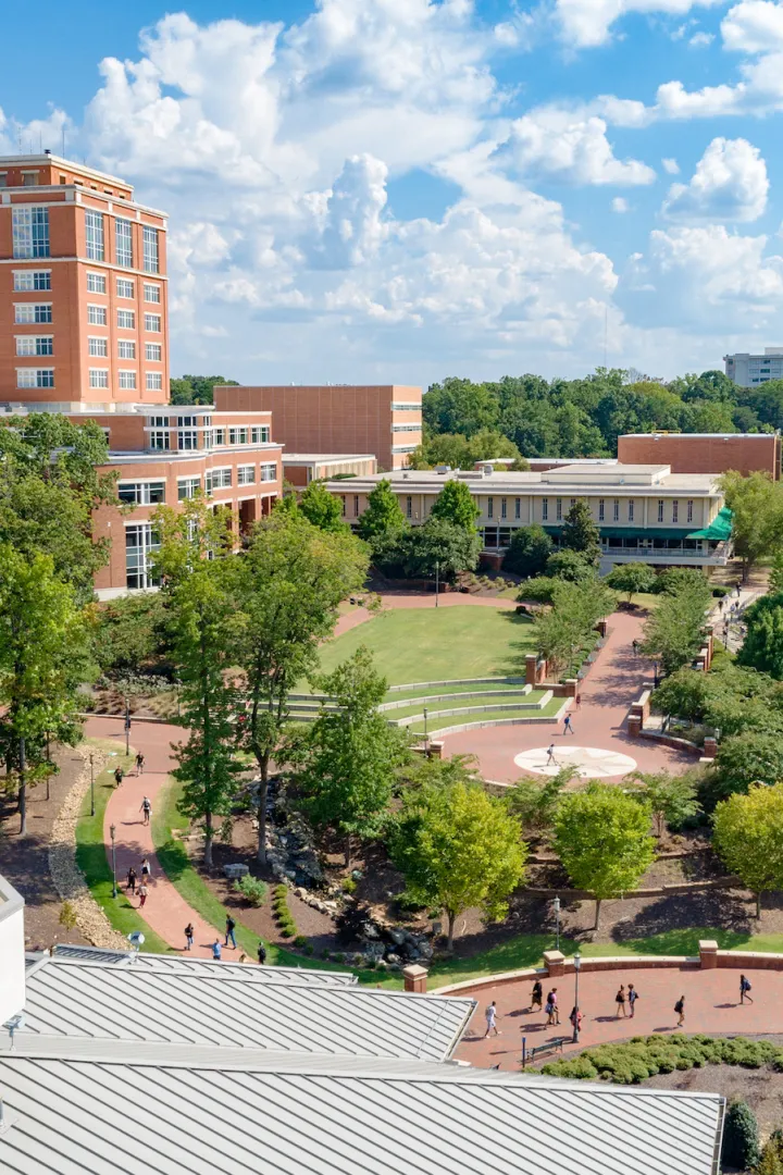 Aerial view of Atkins tower, SAC Clocktower, and CHHS Cupola