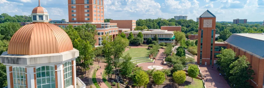Aerial view of CHHS Cupola, SAC Clocktower and Atkins Library