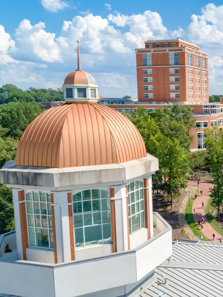 Aerial view of CHHS Cupola, SAC Clocktower and Atkins Library