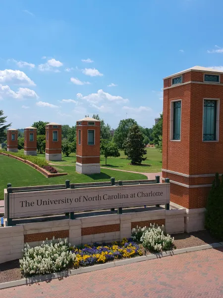 Aerial view of UNC Charlotte's main campus entrance.