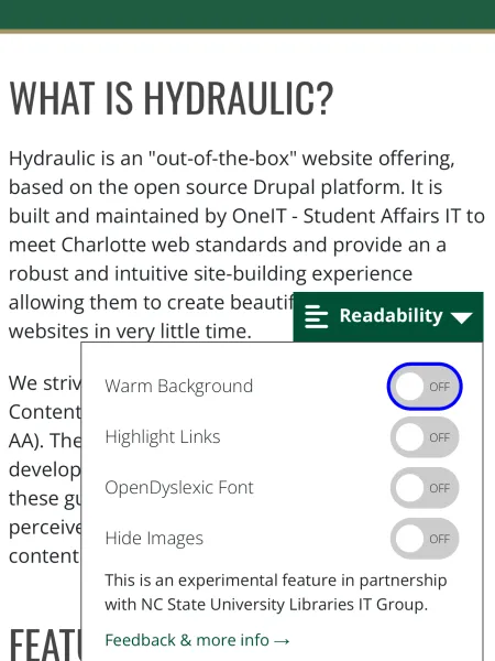 Readability widget open with nothing turned on