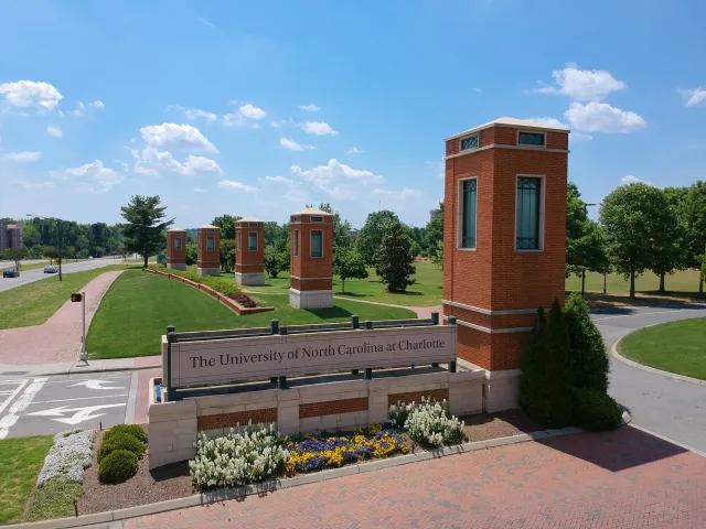 Aerial view of UNC Charlotte's main campus entrance.