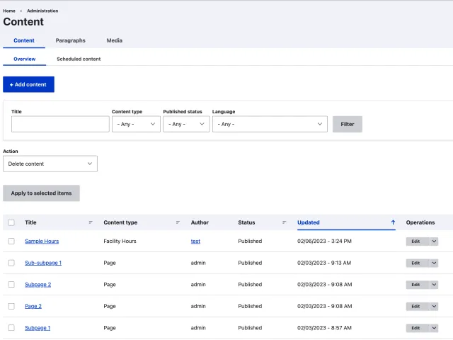 Content overview admin page