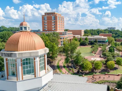 Aerial view of CHHS Cupola, SAC Clocktower and Atkins Library