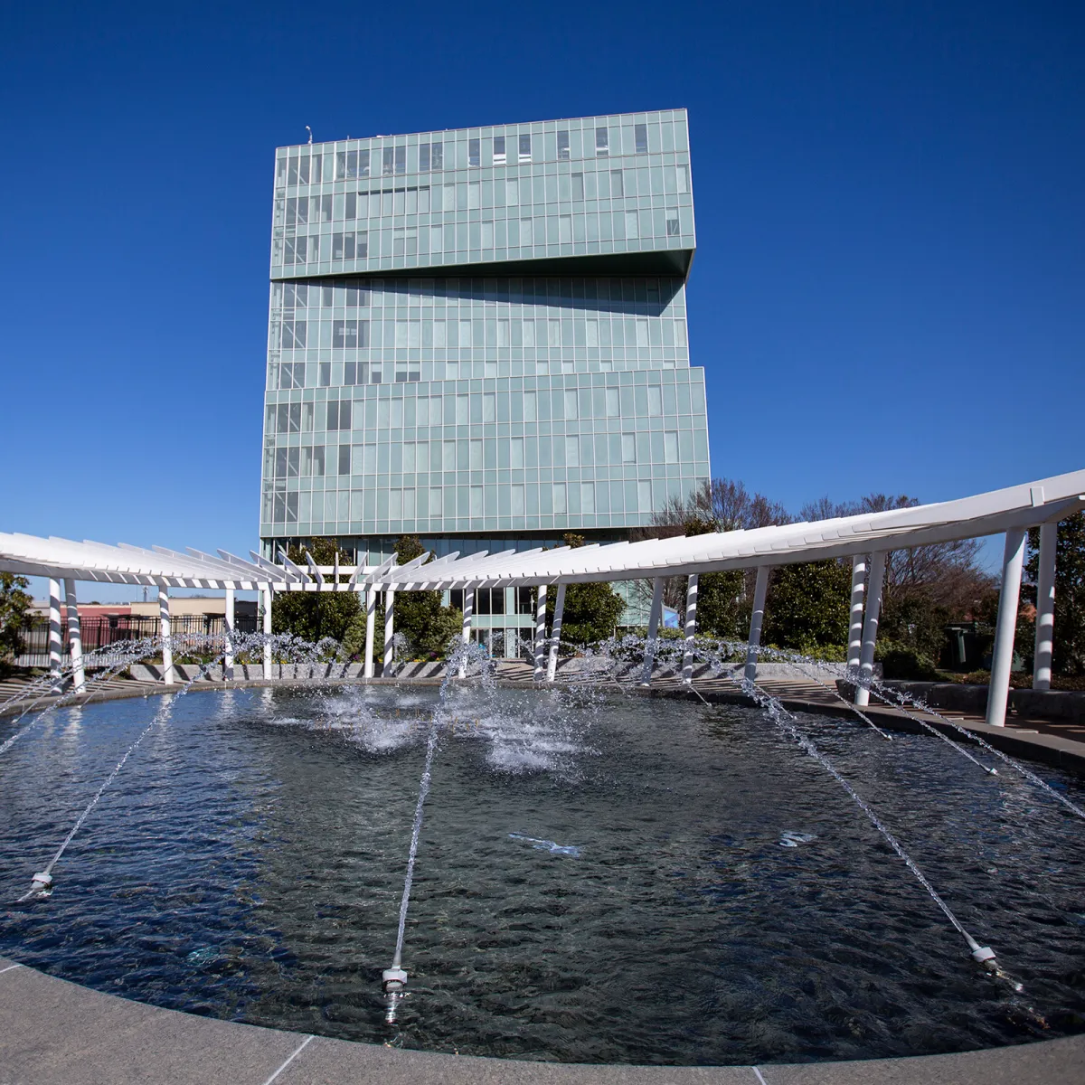 Fountain with the Dubois Center exterior in the background