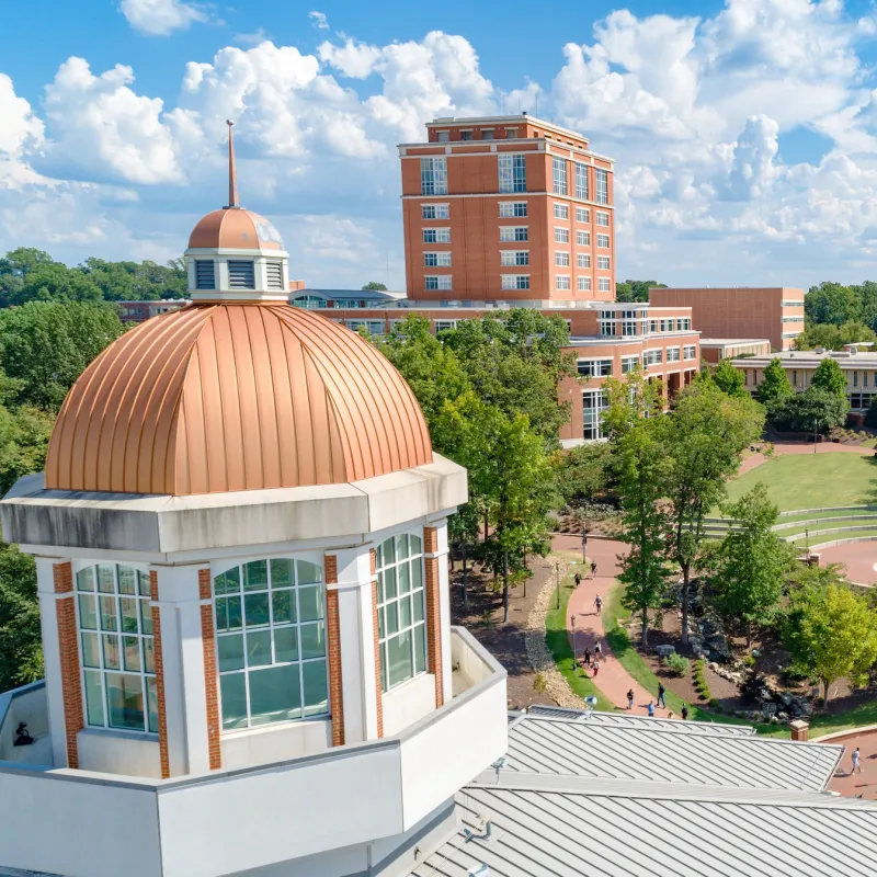 Aerial view of CHHS Cupola, SAC Clocktower and Atkins Library