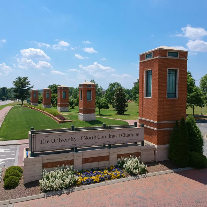 Aerial view of UNC Charlotte's main campus entrance.